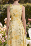 A Line Yellow V-Neck Floral Wedding Guest Dress with Slit