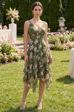 Floral Dark Green V-Neck Ruffled Wedding Guest Dress
