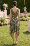 Floral Dark Green V-Neck Ruffled Wedding Guest Dress