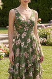 Floral Dark Green V-Neck Ruffled Wedding Guest Dress