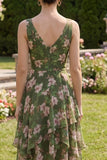 Floral Dark Green V-Neck Ruffled Wedding Guest Dress