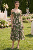 Off the Shoulder Dark Green Floral Wedding Guest Dress