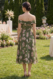 Off the Shoulder Dark Green Floral Wedding Guest Dress