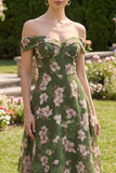 Off the Shoulder Dark Green Floral Wedding Guest Dress
