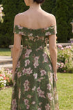 Off the Shoulder Dark Green Floral Wedding Guest Dress