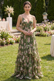 Dark Green Ruffled Spaghetti Straps Floral Wedding Guest Dress