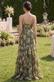 Dark Green Ruffled Spaghetti Straps Floral Wedding Guest Dress