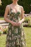 Dark Green Ruffled Spaghetti Straps Floral Wedding Guest Dress