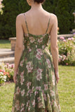 Dark Green Ruffled Spaghetti Straps Floral Wedding Guest Dress