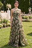 One Shoulder Dark Green Floral Wedding Guest Dress with Slit