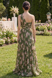 One Shoulder Dark Green Floral Wedding Guest Dress with Slit