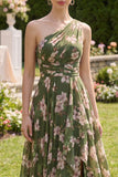 One Shoulder Dark Green Floral Wedding Guest Dress with Slit