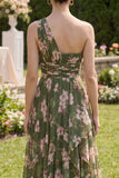 One Shoulder Dark Green Floral Wedding Guest Dress with Slit