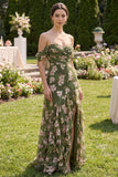 Dark Green Ruffled Off the Shoulder Floral Wedding Guest Dress with Slit