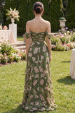 Dark Green Ruffled Off the Shoulder Floral Wedding Guest Dress with Slit