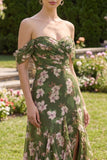 Dark Green Ruffled Off the Shoulder Floral Wedding Guest Dress with Slit