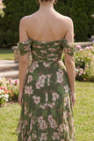 Dark Green Ruffled Off the Shoulder Floral Wedding Guest Dress with Slit