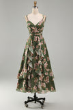 Floral Spaghetti Straps Ruffled Dark Green Wedding Guest Dress