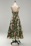 Floral Spaghetti Straps Ruffled Dark Green Wedding Guest Dress