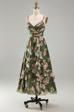 Floral Spaghetti Straps Ruffled Dark Green Wedding Guest Dress