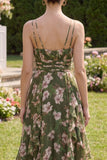 Floral Spaghetti Straps Ruffled Dark Green Wedding Guest Dress