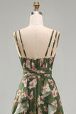 Floral Spaghetti Straps Ruffled Dark Green Wedding Guest Dress
