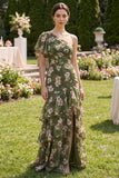 Dark Green Floral One Shoulder Wedding Guest Dress with Flutter Sleeve