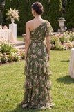 Dark Green Floral One Shoulder Wedding Guest Dress with Flutter Sleeve