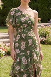 Dark Green Floral One Shoulder Wedding Guest Dress with Flutter Sleeve