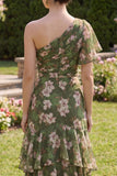 Dark Green Floral One Shoulder Wedding Guest Dress with Flutter Sleeve
