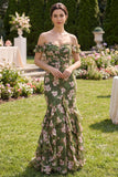 Mermaid Dark Green Off the Shoulder Floral Wedding Guest Dress