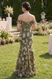Mermaid Dark Green Off the Shoulder Floral Wedding Guest Dress