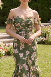 Mermaid Dark Green Off the Shoulder Floral Wedding Guest Dress