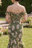 Mermaid Dark Green Off the Shoulder Floral Wedding Guest Dress