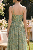 Dusty Green Floral Spaghetti Straps Long Wedding Guest Dress