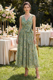 A Line Dusty Green V-Neck Floral Wedding Guest Dress with Sash