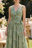 A Line Dusty Green V-Neck Floral Wedding Guest Dress with Sash