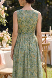 A Line Dusty Green V-Neck Floral Wedding Guest Dress with Sash