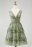 Dusty Green Ruffled V-Neck Floral Midi Wedding Guest Dress