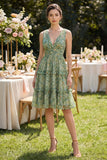 Dusty Green Ruffled V-Neck Floral Midi Wedding Guest Dress