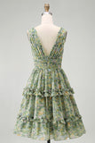 Dusty Green Ruffled V-Neck Floral Midi Wedding Guest Dress