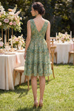 Dusty Green Ruffled V-Neck Floral Midi Wedding Guest Dress