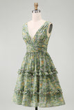 Dusty Green Ruffled V-Neck Floral Midi Wedding Guest Dress