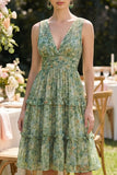 Dusty Green Ruffled V-Neck Floral Midi Wedding Guest Dress