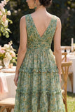 Dusty Green Ruffled V-Neck Floral Midi Wedding Guest Dress