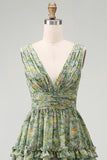 Dusty Green Ruffled V-Neck Floral Midi Wedding Guest Dress