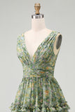 Dusty Green Ruffled V-Neck Floral Midi Wedding Guest Dress