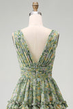 Dusty Green Ruffled V-Neck Floral Midi Wedding Guest Dress
