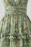 Dusty Green Ruffled V-Neck Floral Midi Wedding Guest Dress