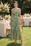 Ruffled Dusty Green Floral V-Neck Asymmetrical Wedding Guest Dress